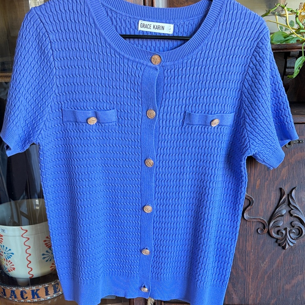 Grace Karin Royal Blue/Purple Short-Sleeve Textured Button Cardigan